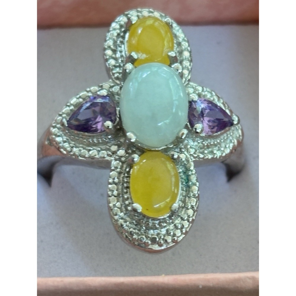 Sterling Silver Amethyst Jade Moonstone Cocktail Statement Ring Size 10 - Picture 1 of 11